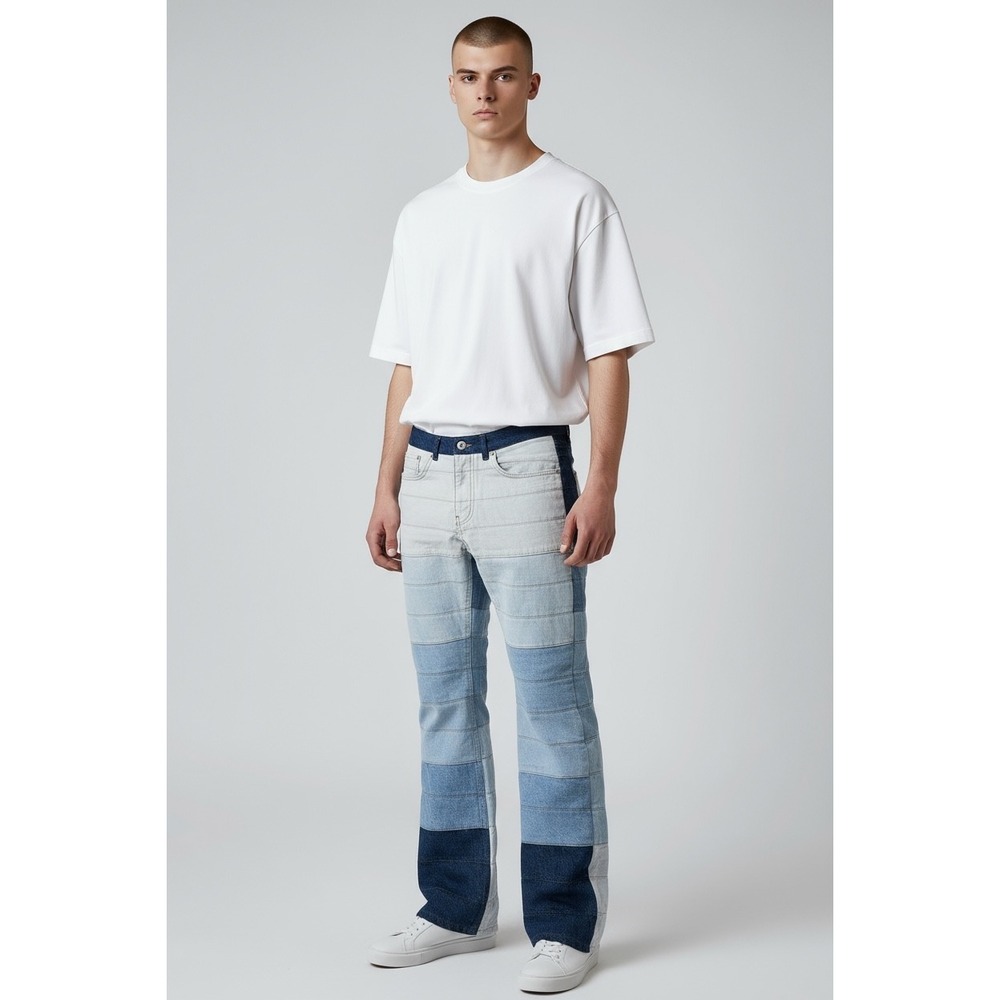 BoohooMAN Mens Designer Panel Straight Leg Jeans Denim Blue Size 32X34